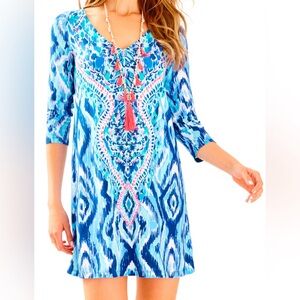 Chic Lilly Pulitzer Dress – Pink/White/Blue, V-Neck, 3/4 Sleeve, XS